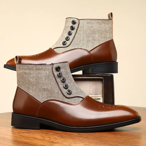 Brown retro men's formal shoe with side zipper, embossed texture, square toe, and low square heel on a plain background.