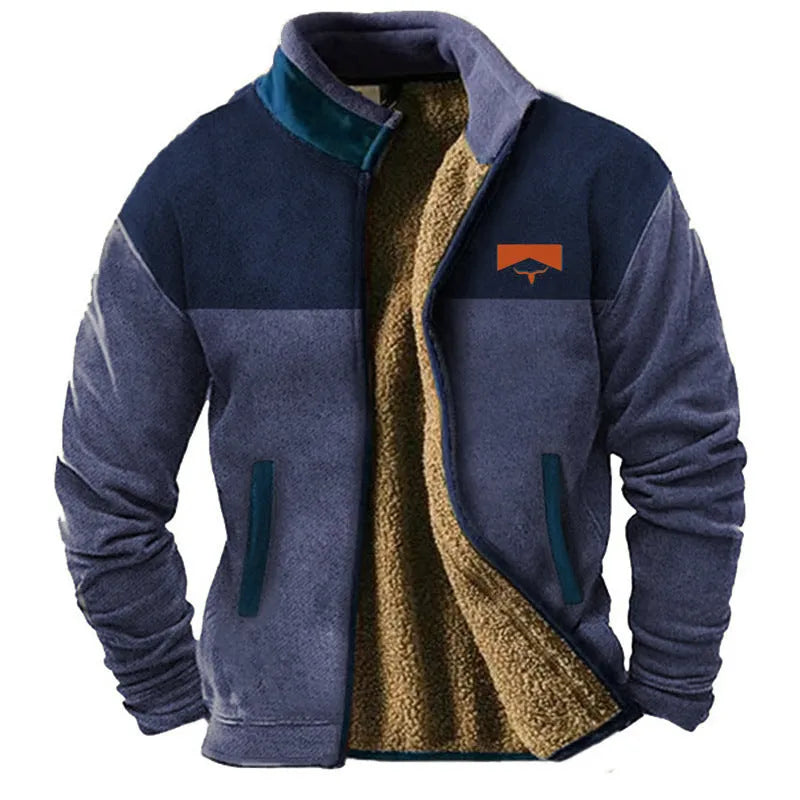A man's fleece-padded coat in light brown, showing a regular fit and zip front.