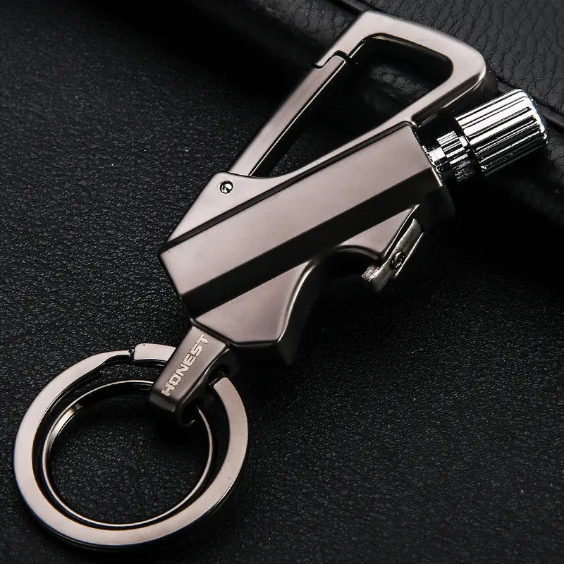 Metal keychain lighter with flint striker and bottle opener in black nickel finish