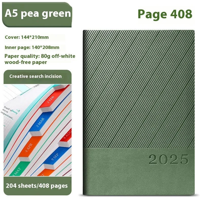 A5 business notepad with striped PU leather cover showing eight colour options open to reveal thick paper