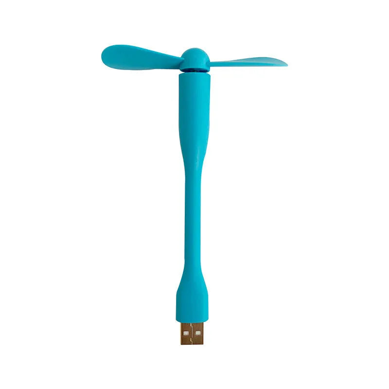 USB electric fan in blue plastic with blades and USB cable, portable for power bank use