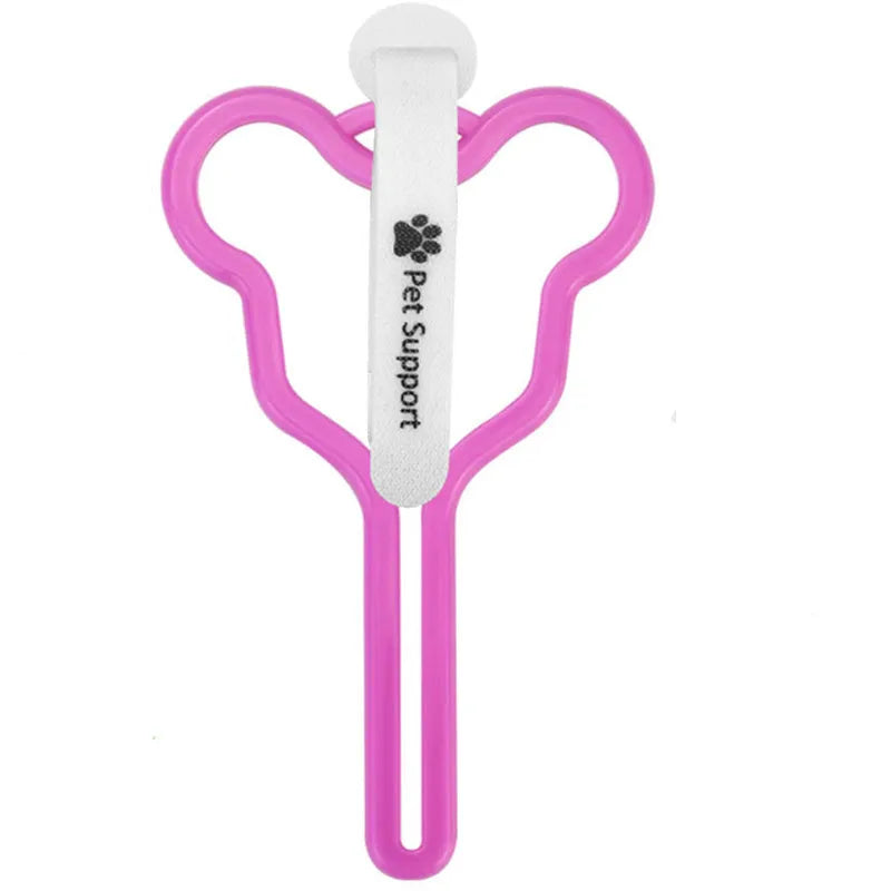 A dog poo bag holder with a hands-free clip and black Velcro strap attached to a leash.