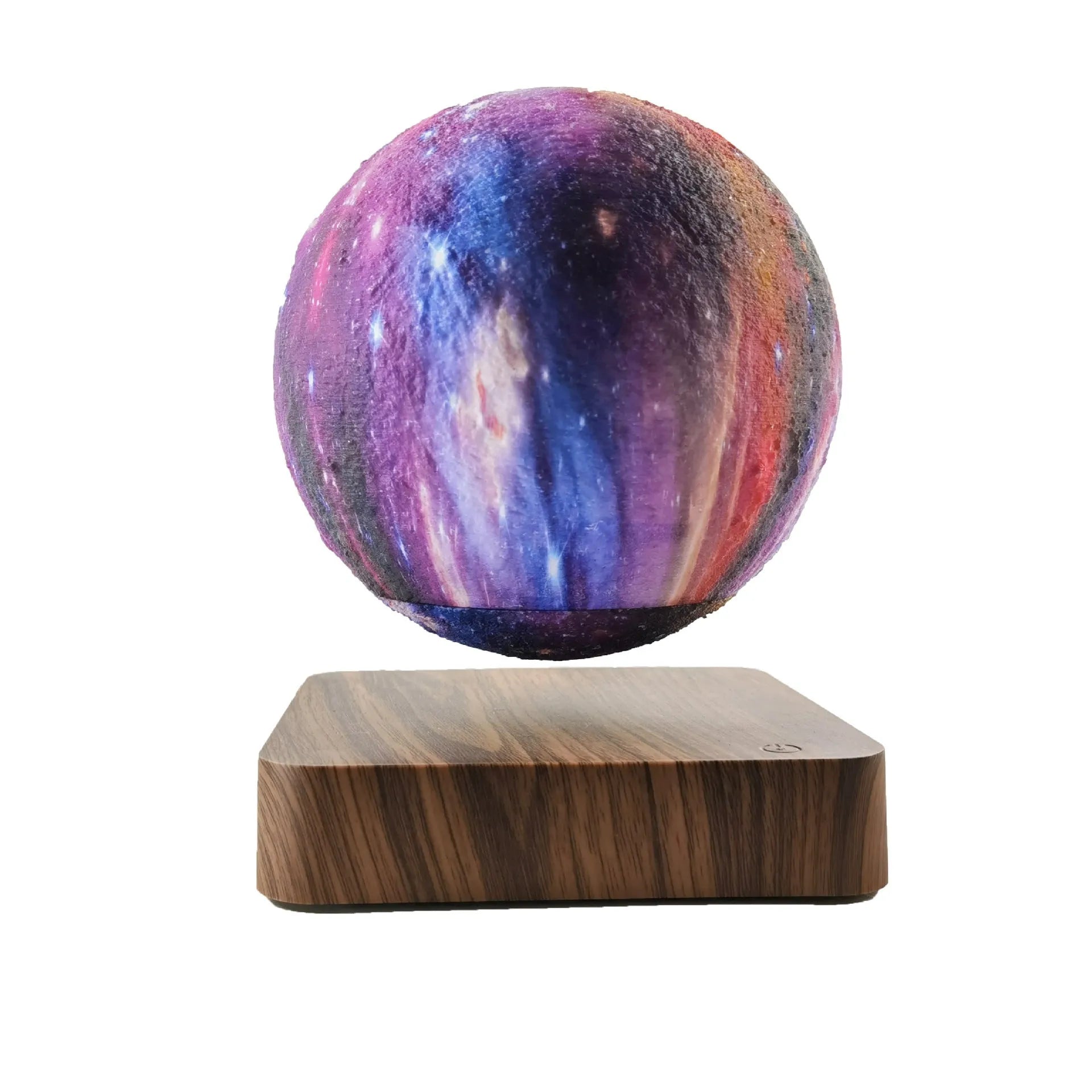 Walnut-colour base with a floating galaxy moon lamp levitating above it, showing starry sky details.