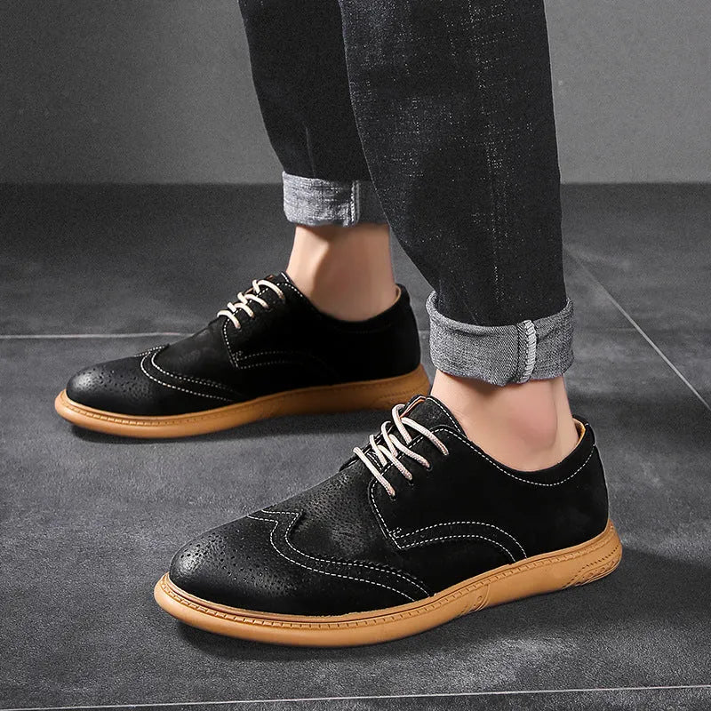 Men's genuine leather low-top business shoes in black with retro lace-up design and a rubber sole.