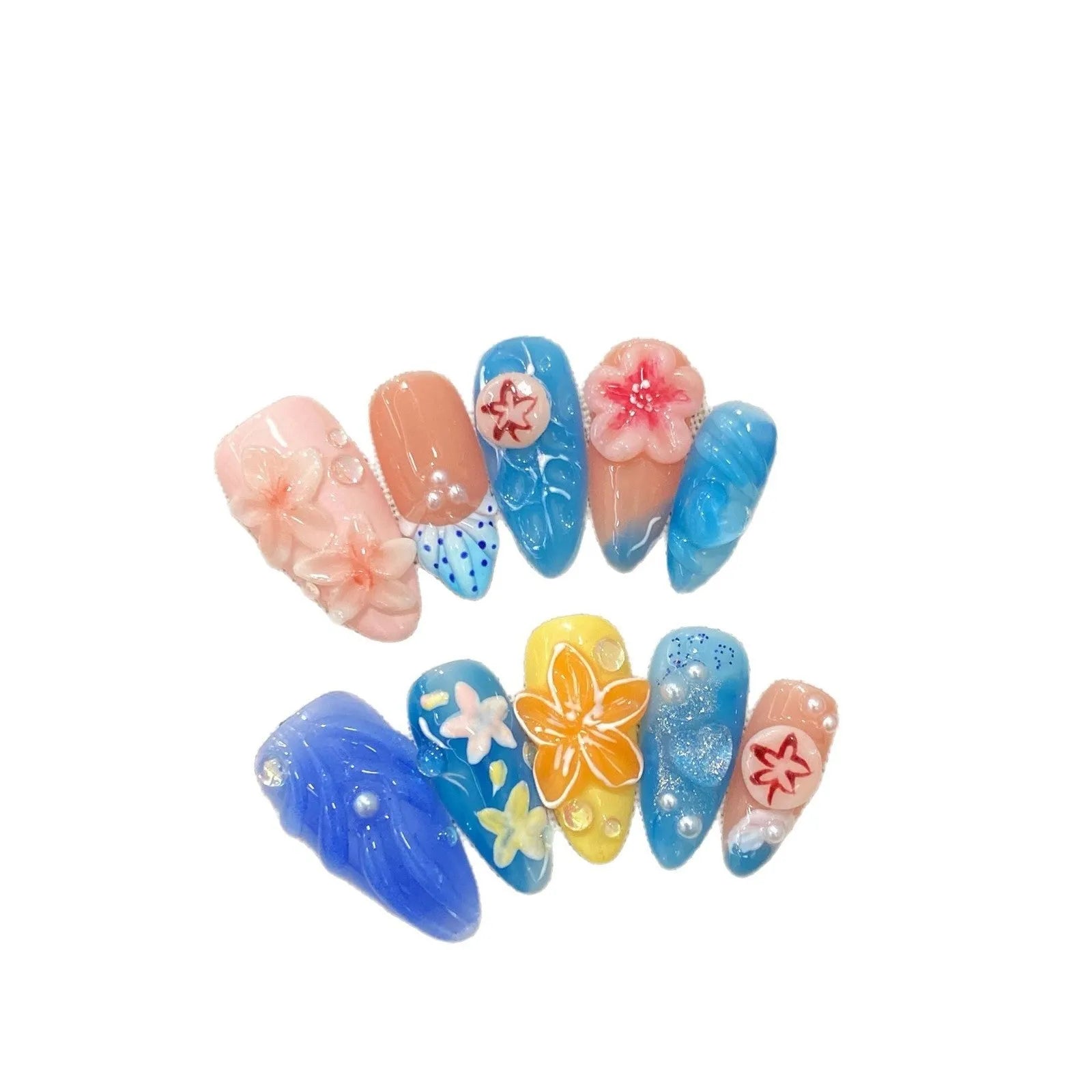 3D carved jellyfish plastic wearable armour set in almond nail colour with rose and tulip patterns