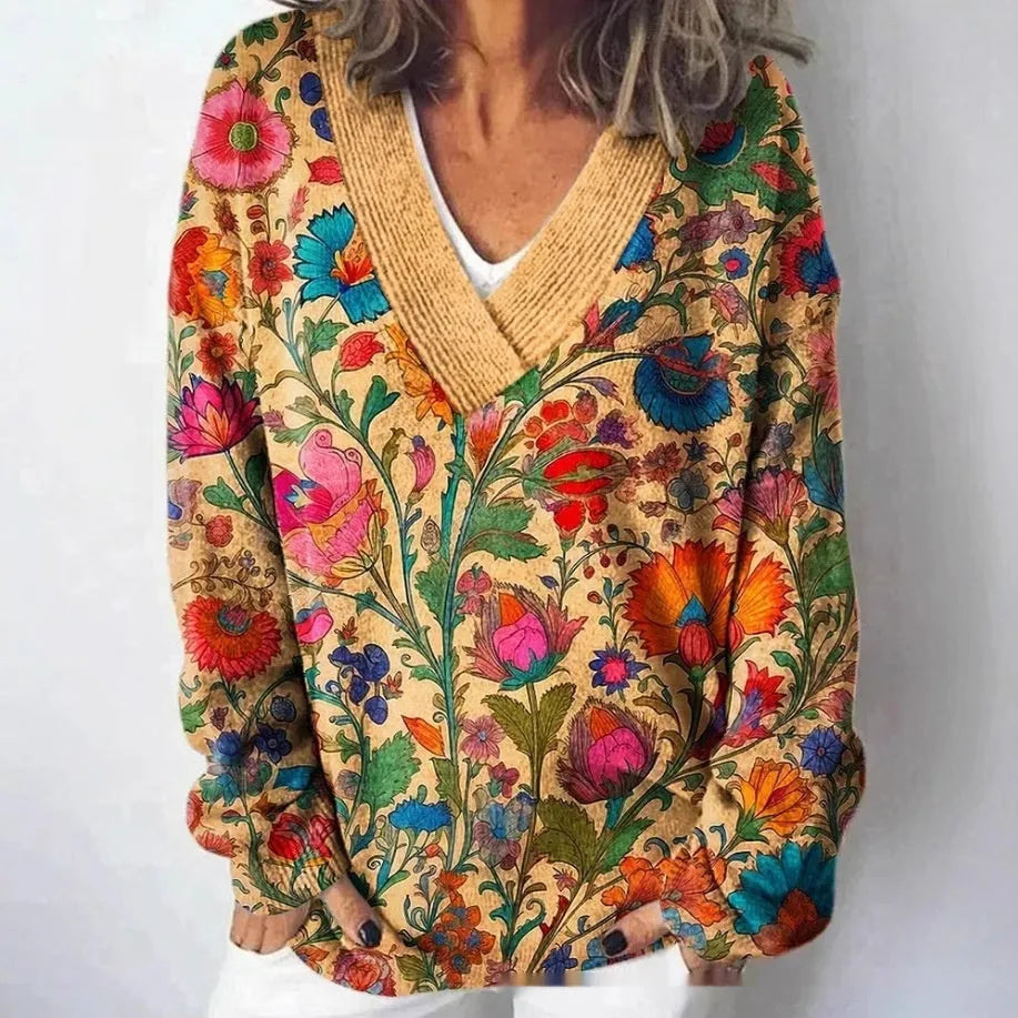 Women's V-neck sweatshirt with 3D floral print pattern on white polyester woven fabric