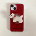 Wine red silicone phone case with embossed red bow tie puppy pattern and magnetic bracket for Apple iPhone