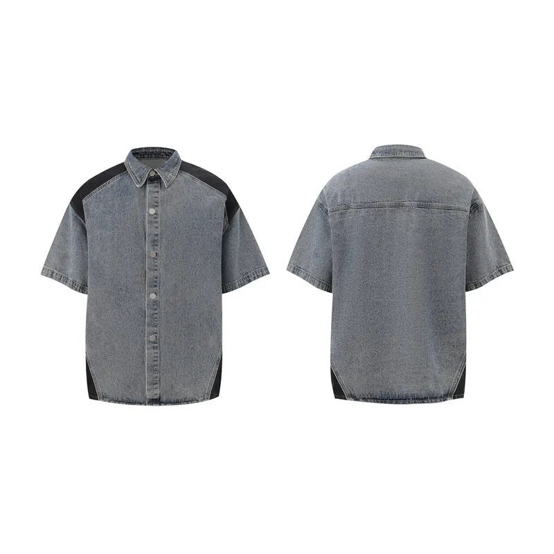 Retro washed denim short-sleeve jacket and matching trousers set on a hanger.