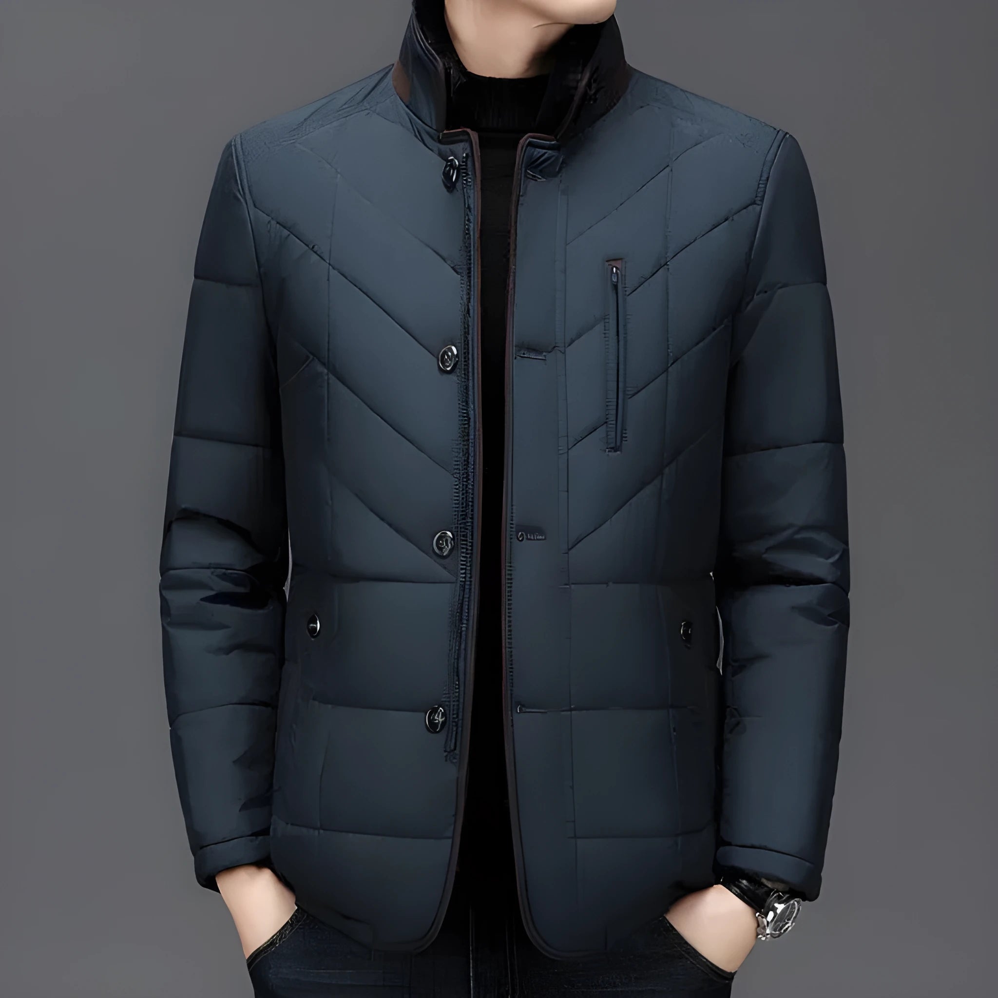 Men's solid colour winter short coat with side seam pockets in dark blue.