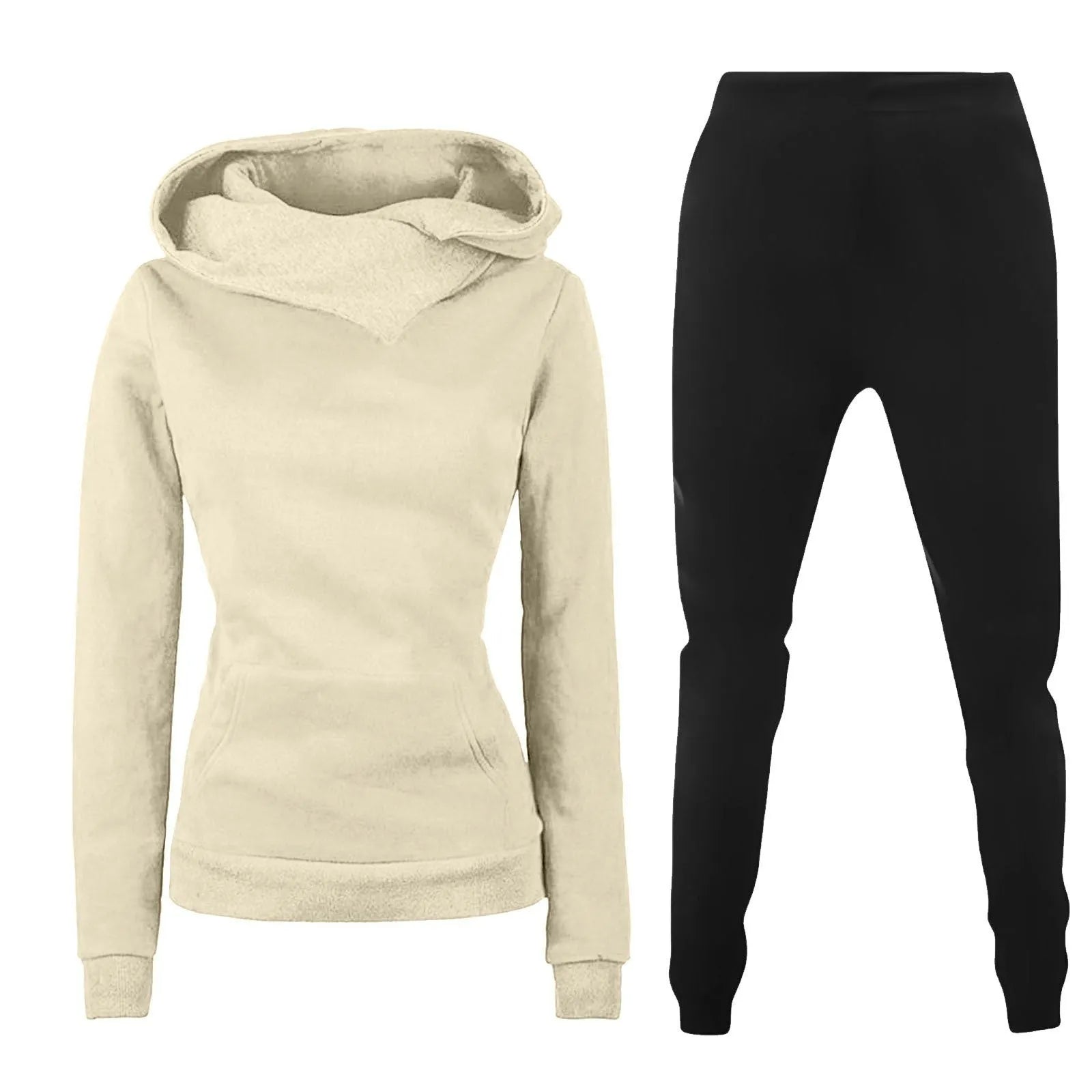 Ladies hooded sweater two-piece set in solid colour with long sleeves and jogger pants