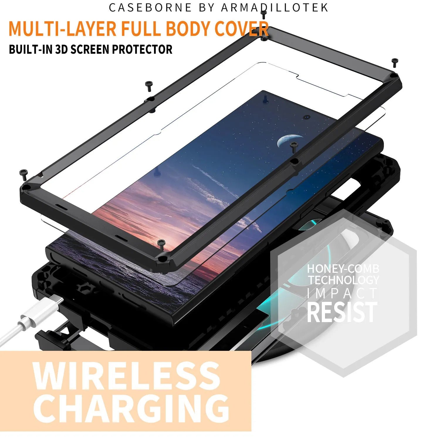 Metal phone case with invisible bracket for Samsung S25 Ultra in black showing rear camera cutout
