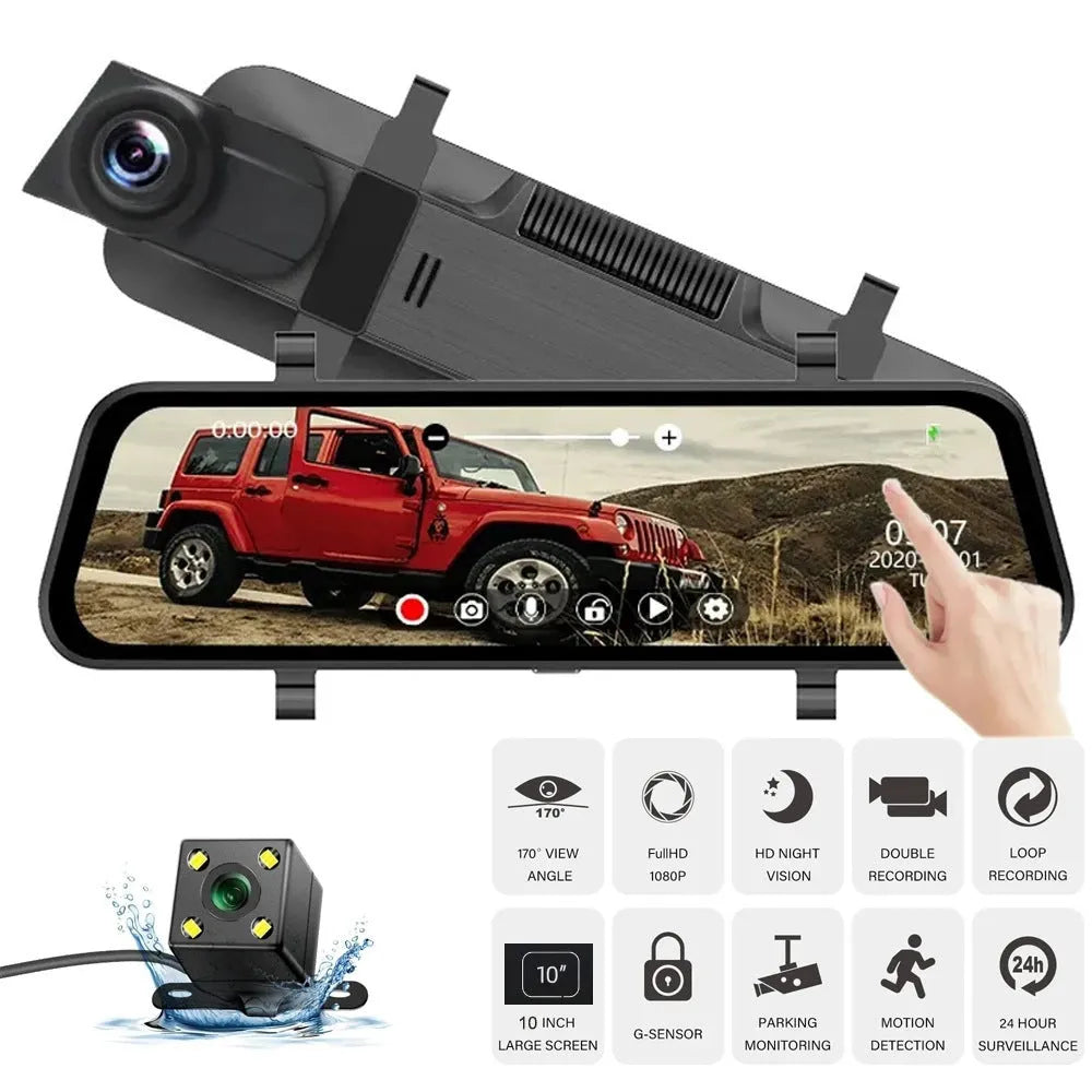 10-inch touch screen car dash camera with front and rear dual lenses for vehicle monitoring