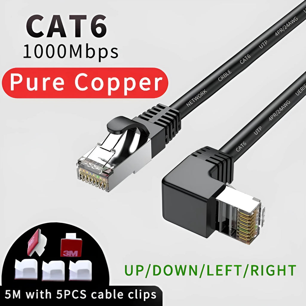 Cat6 Ethernet cable with right-angle metal RJ45 connector in black, available in multiple lengths