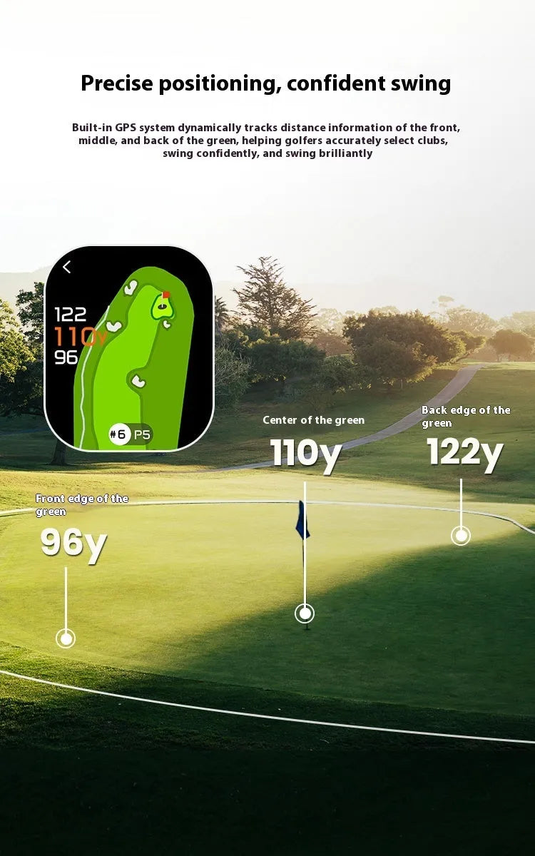 Black GenePro G1 GPS rangefinder handheld device with display screen, shown with USB-C cable and storage case.