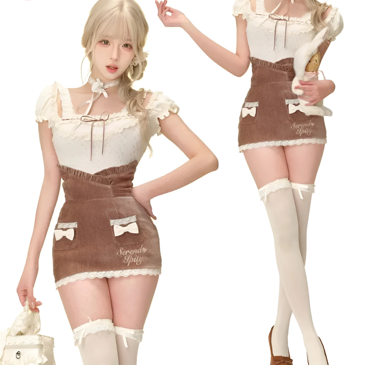Apricot knitted top, brown hip skirt and apricot shawl three-piece set in sizes S, M and XS