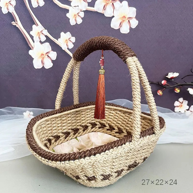 Hand-woven natural straw basket in a rustic style, measuring 19cm by 12cm.