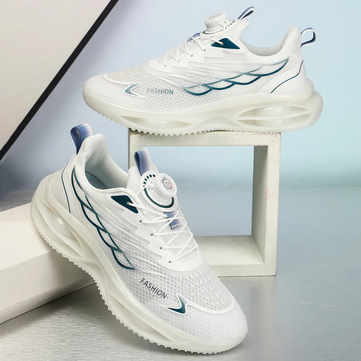 Low-top casual running shoes in sky blue, black gold, or white with PU mesh upper and rubber sole.