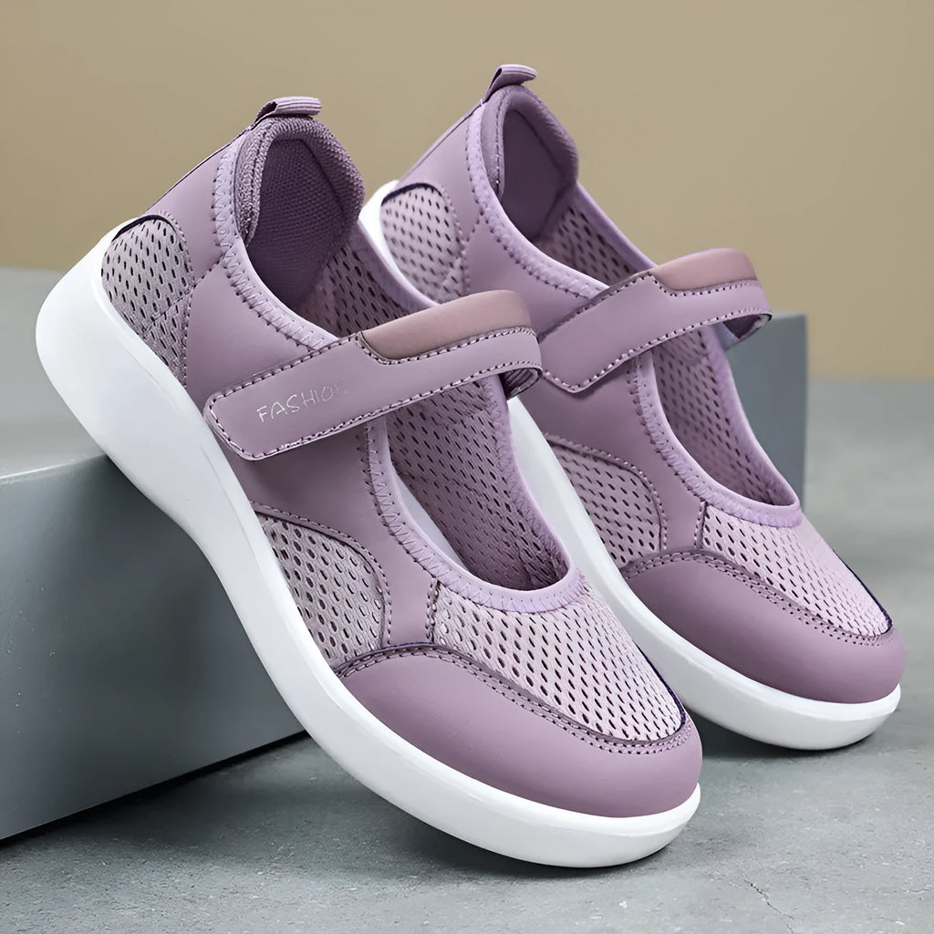 Women's grey mesh casual shoes with velcro fastening and round toe