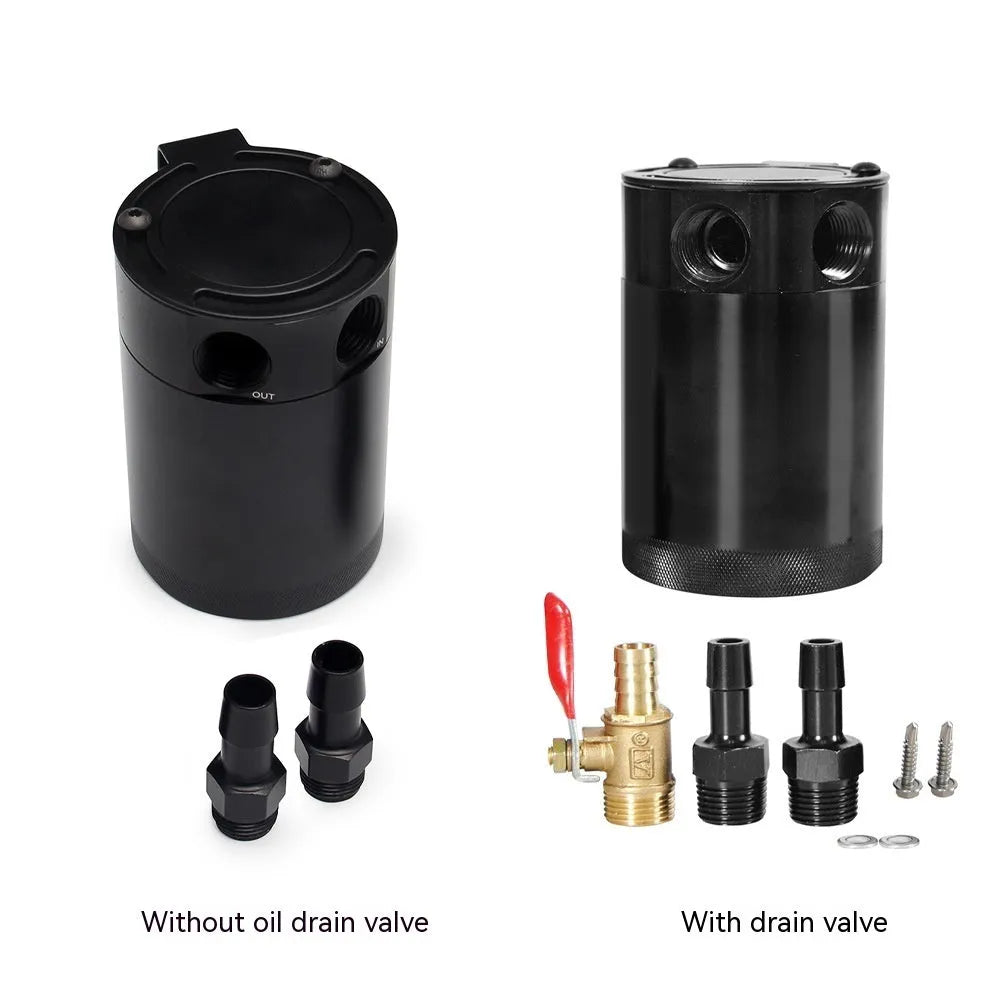 Black aluminium two-hole automotive oil pot with connectors and mounting hardware