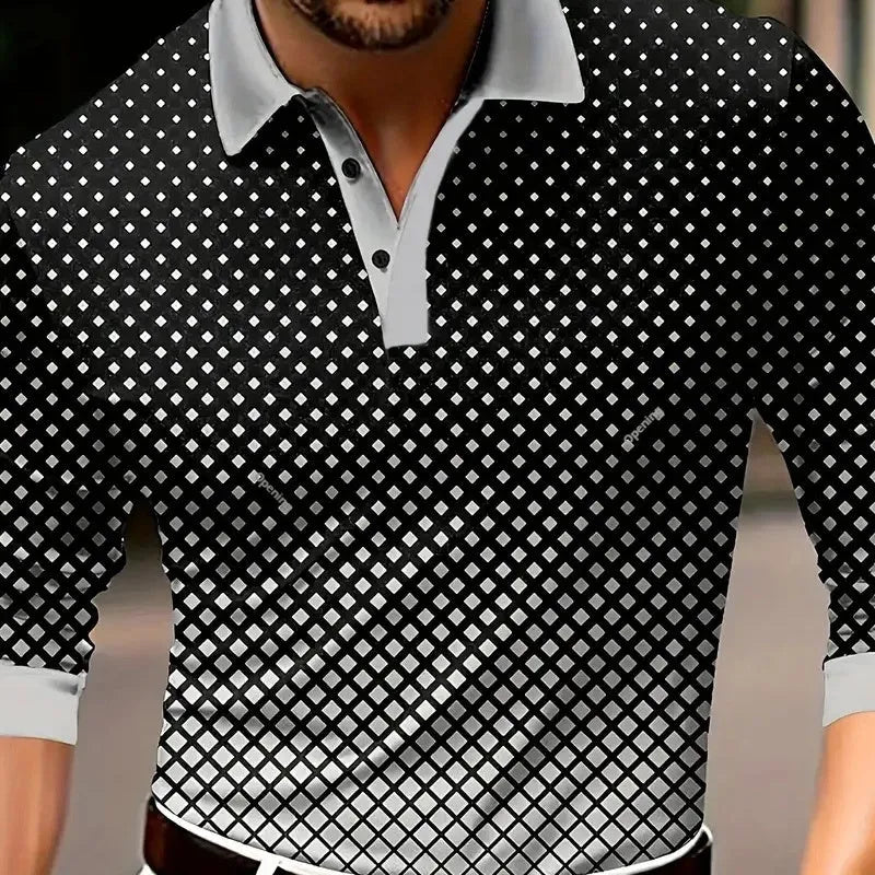 Men's loose fit long sleeve polo shirt with design buttons on placket