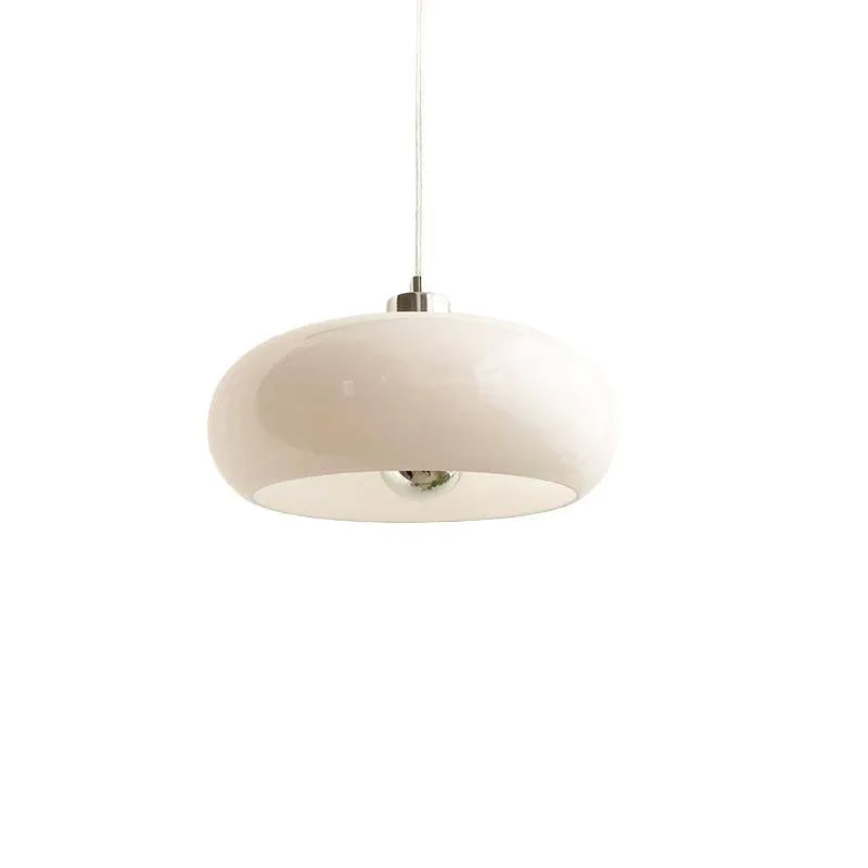 Three-headed egg tart pendant light with glass shades in a retro Bauhaus style.