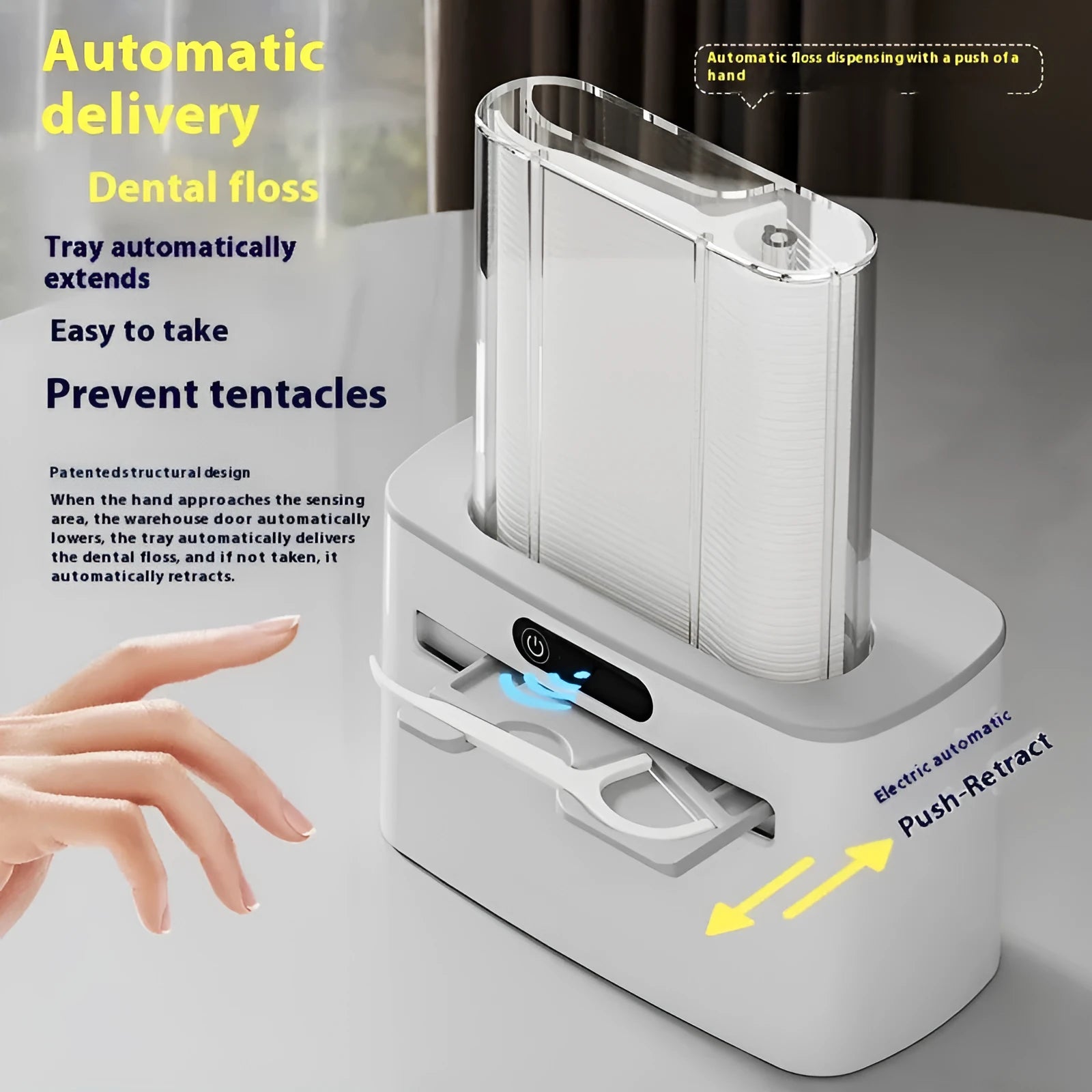 Intelligent induction dental floss box in dark grey, light grey, and gold colour options.