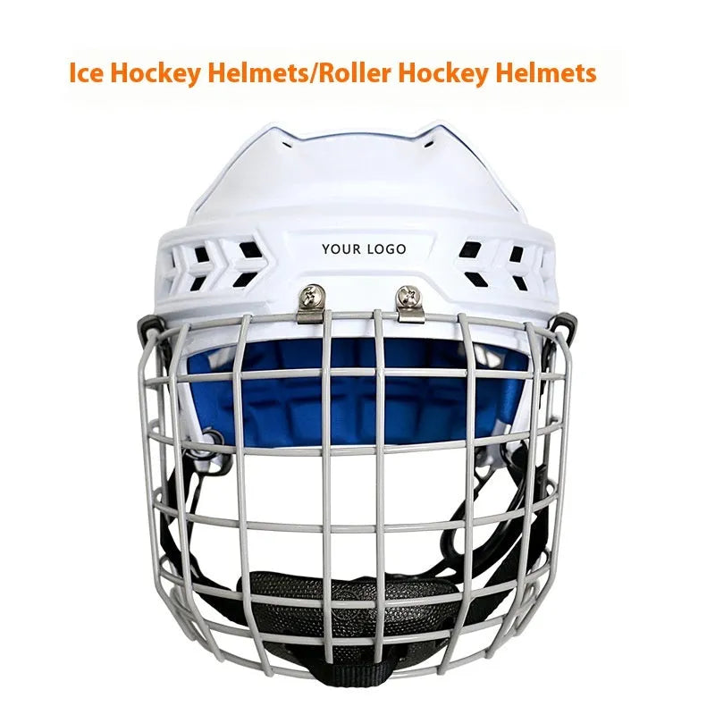 Ice hockey helmet with a carbon steel face mask, shown in size S/M/L/XL, for head protection.