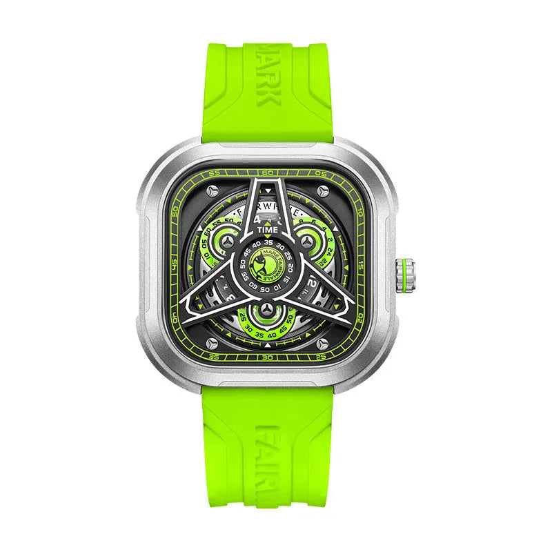Men's waterproof luminous quartz watch with 44x44mm metal case and silicone strap in black