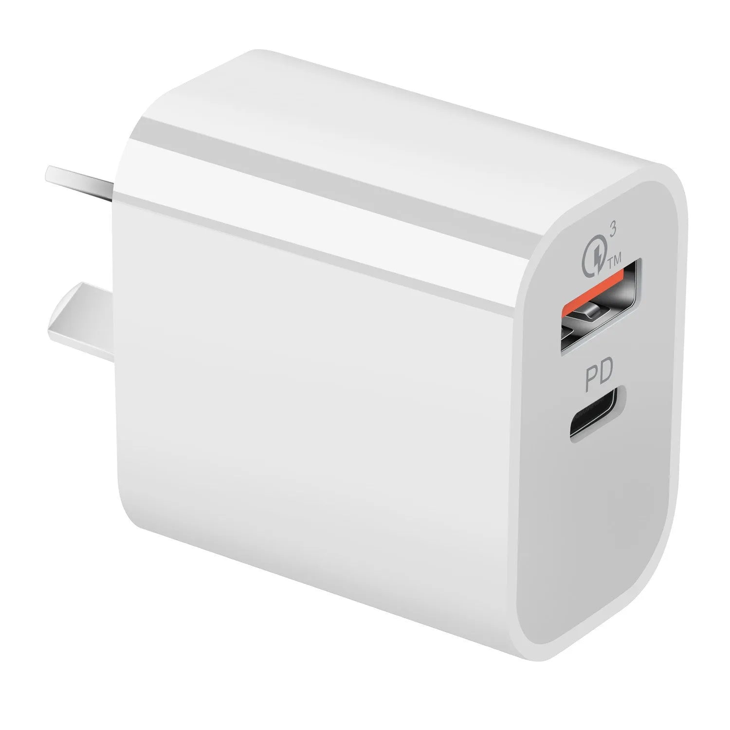 White dual port USB charger with Australian plug showing USB-A and USB-C ports