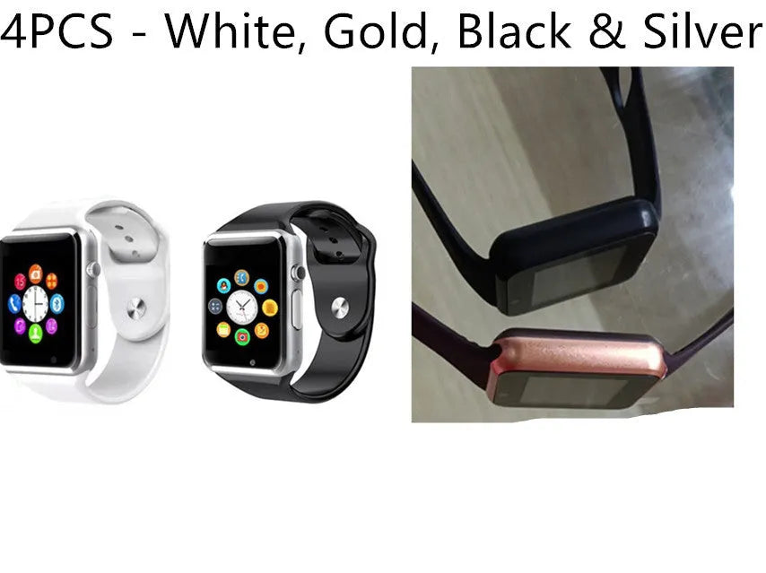 A1 Smart Watch for Android in various colours, showing screen, GSM SIM slot, and camera.