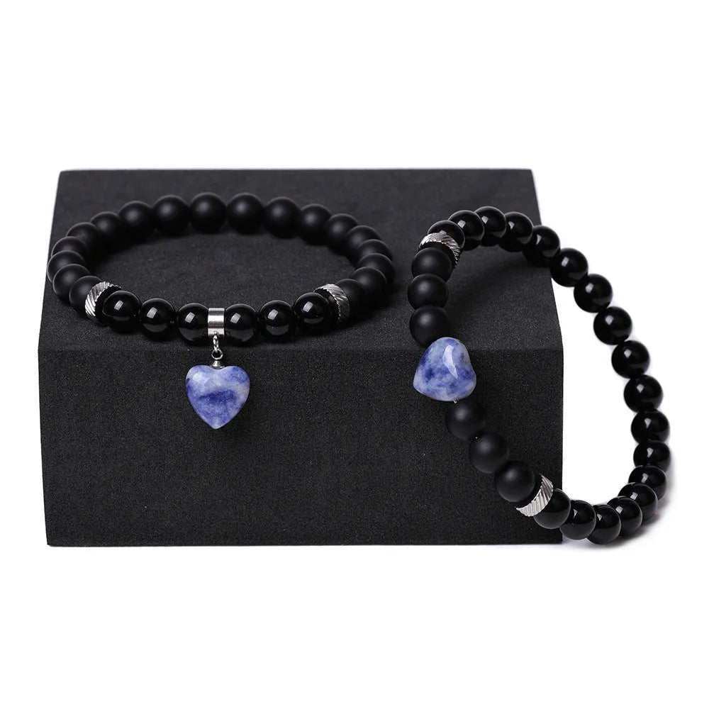 Natural stone couple love bracelet set with heart-shaped gemstone charms in various colours