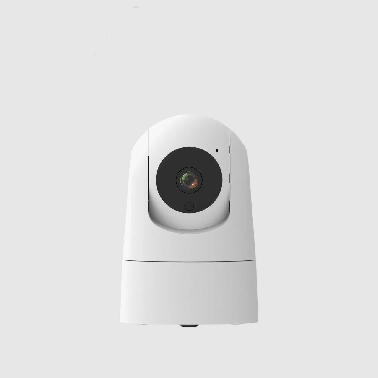 White indoor pan tilt security camera with lens on a compact square base, showing remote movement and two-way audio features.