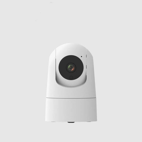 White indoor pan tilt security camera with lens on a compact square base, showing remote movement and two-way audio features.