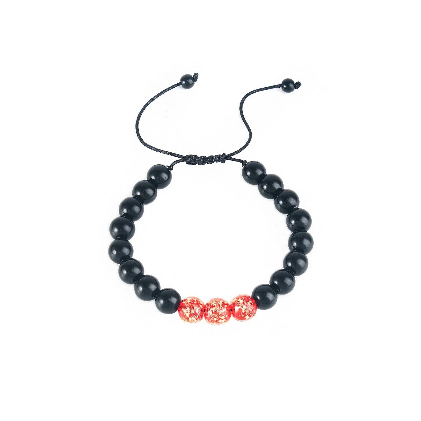 Adjustable luminous glass bead bracelet in geometric shapes on wrist showing elastic cord threading