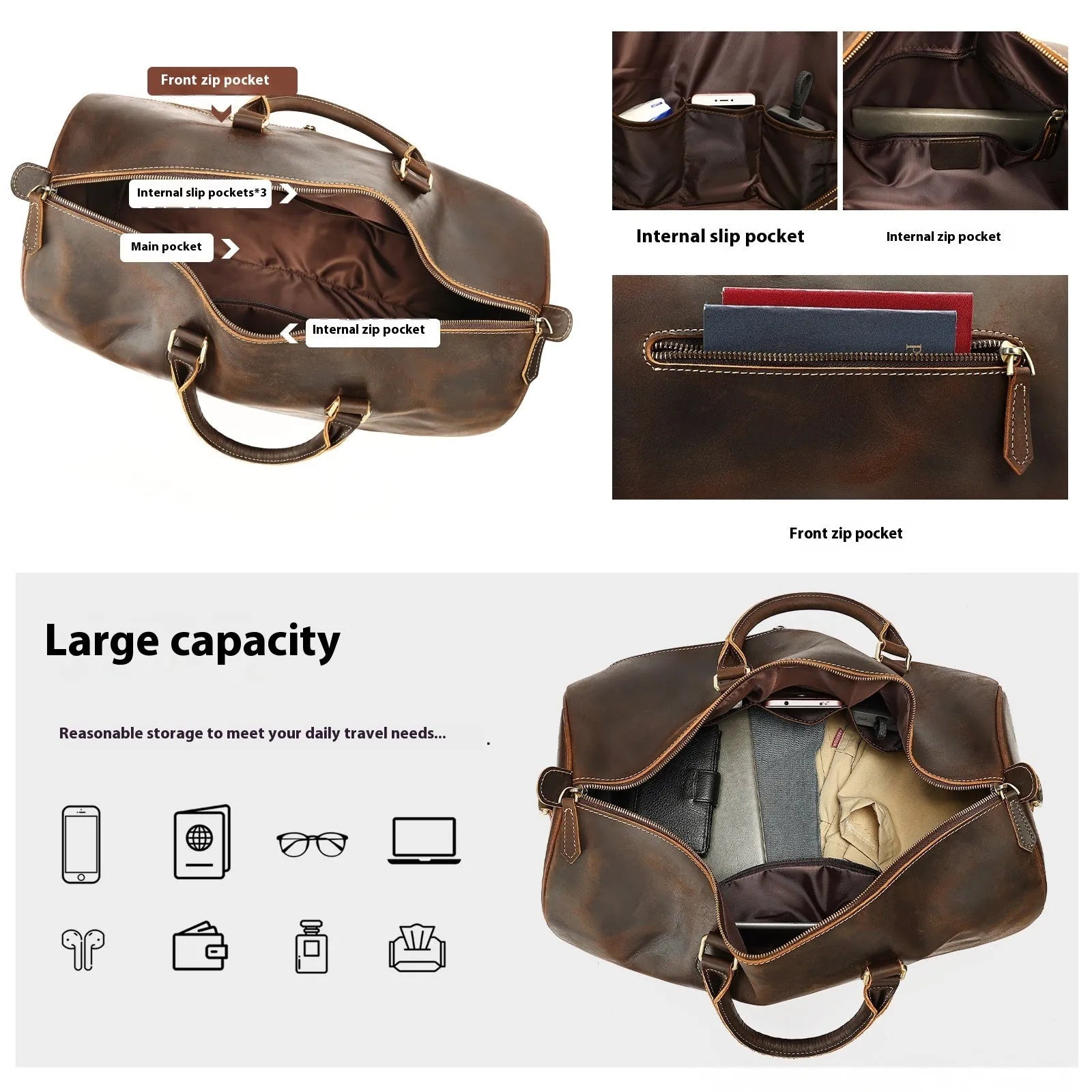 Vintage brown genuine leather large crossbody bag with strap shown open.