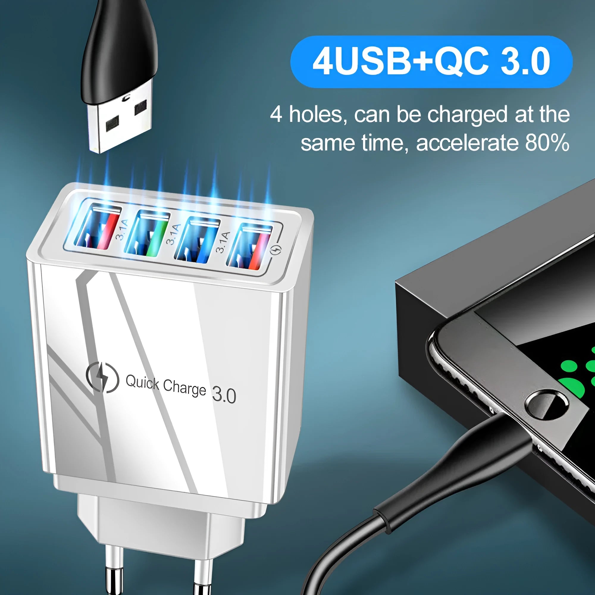 Intelligent 3A mobile phone charging head with luminous indicators showing four USB ports