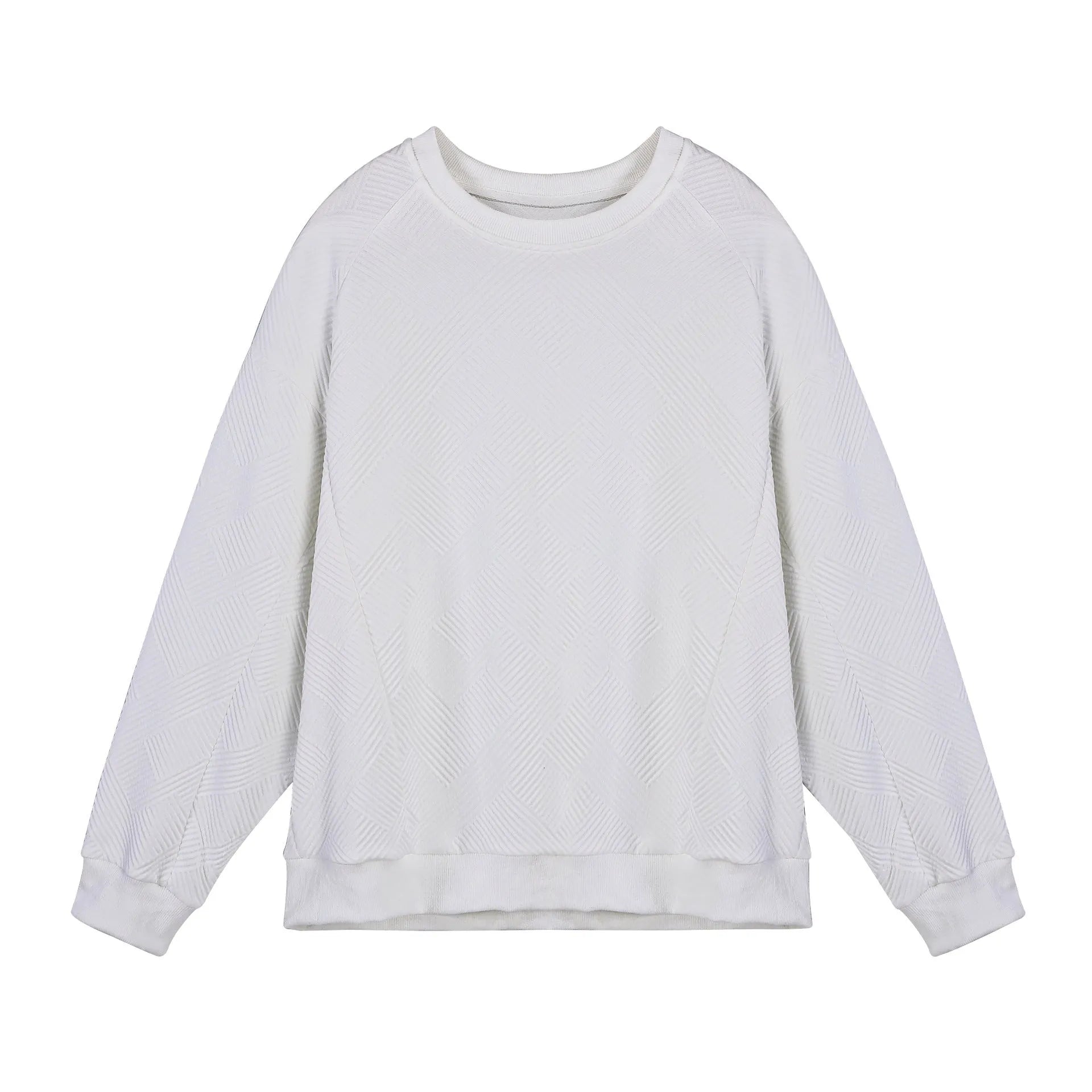 Men's loose fit solid colour twill jacquard pullover sweater on a hanger.
