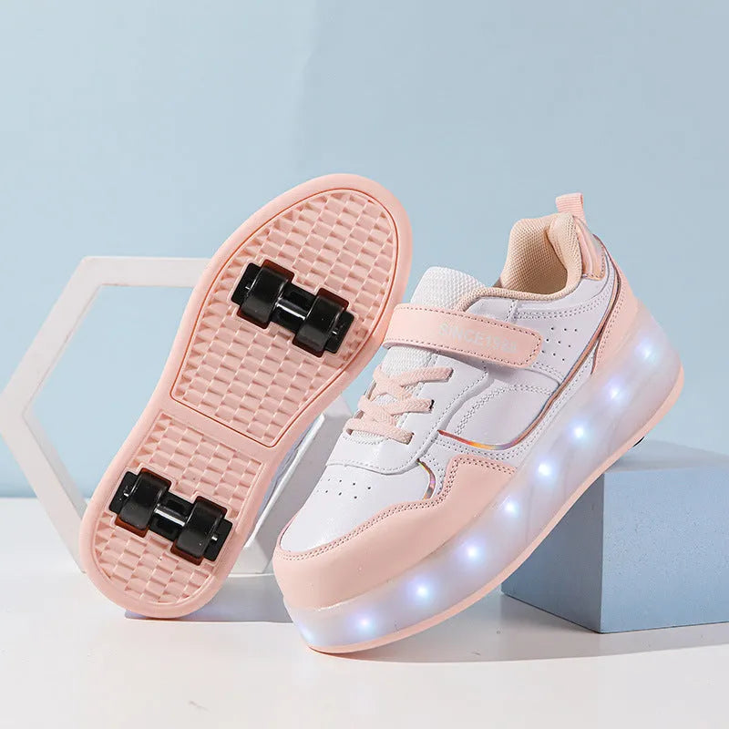 Children's rechargeable flashing roller skates with LED lights in pink, showing UK size markings