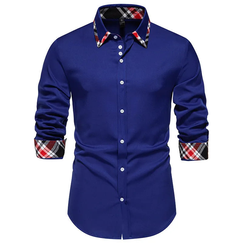 Men's long sleeve plaid shirt with a triangle collar in black, blue, or white.