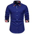 Men's long sleeve plaid shirt with a triangle collar in black, blue, or white.