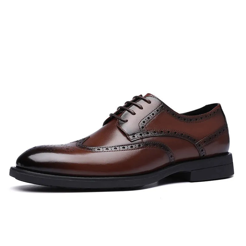 Men's black and brown brogue business shoes with traditional detailing and PU leather construction