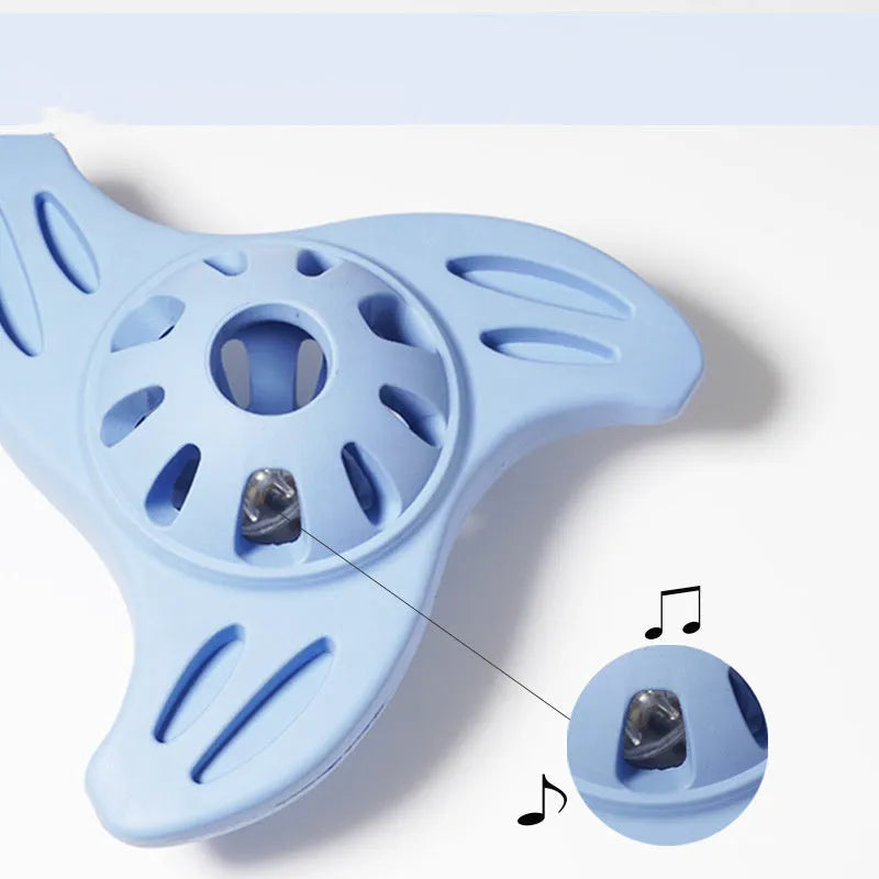 Blue bite-resistant boomerang dog toy with molar edges for large breed puppies on a white background.