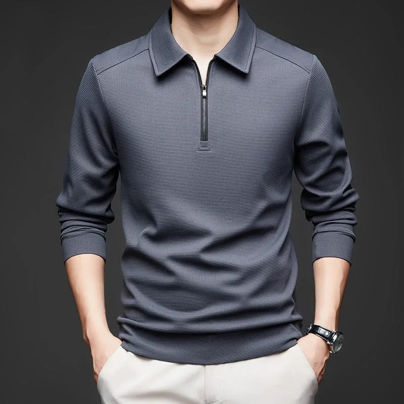Men's lapel long sleeve solid colour polyester cardigan in dark gray, front view