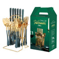24-piece stainless steel cutlery set with knives, forks, spoons and teaspoons on a storage rack.