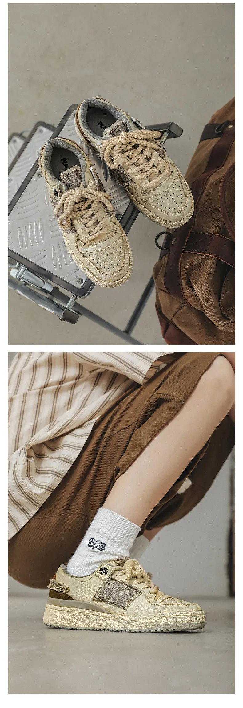 Beige low-top skateboard shoes with microfiber upper and round-toe design