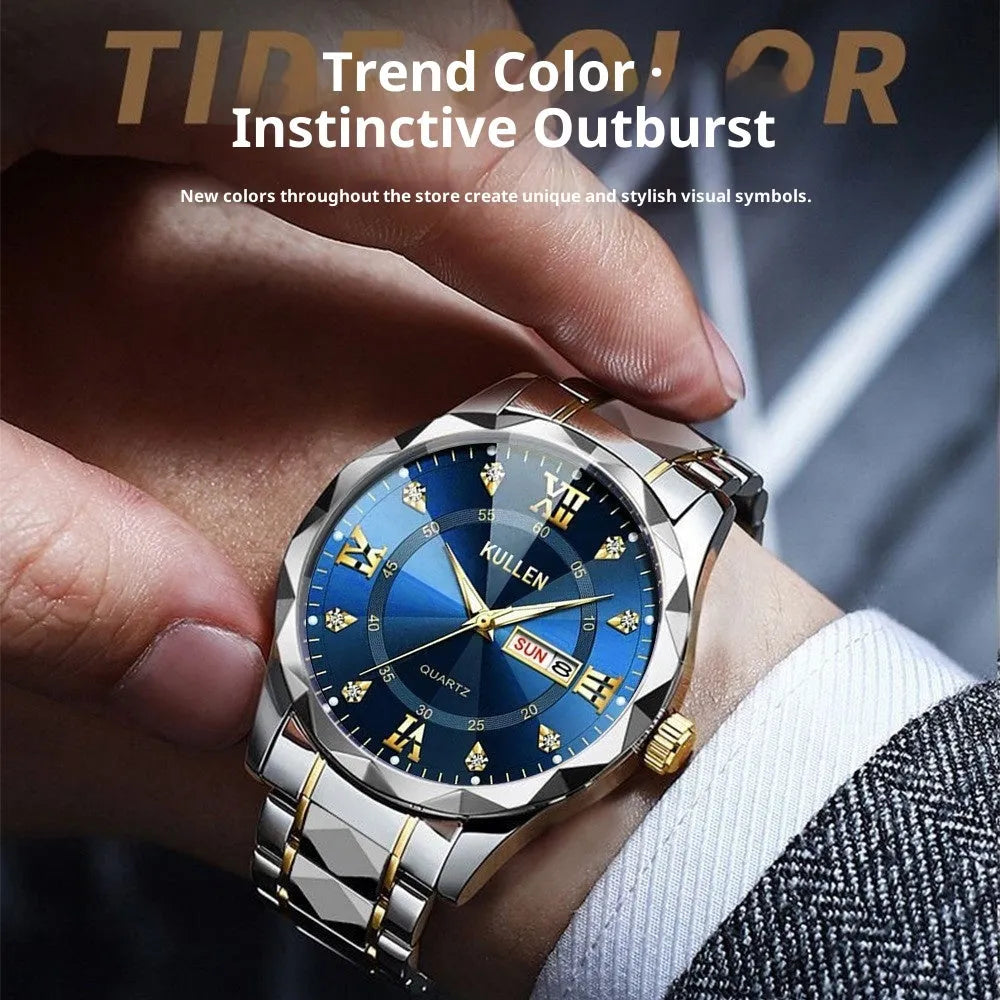 42mm round quartz watch with screw-down crown, luminous function, and single fold alloy clasp in silver and blue face
