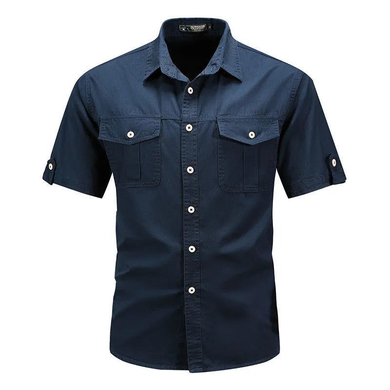 Men's short sleeve cotton shirt in khaki, regular fit cardigan style for summer casual wear