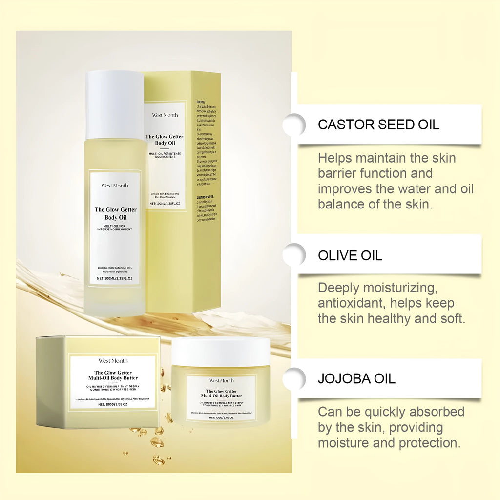 Body care kit containing 100ml skincare oil bottle and 100g moisturising cream jar