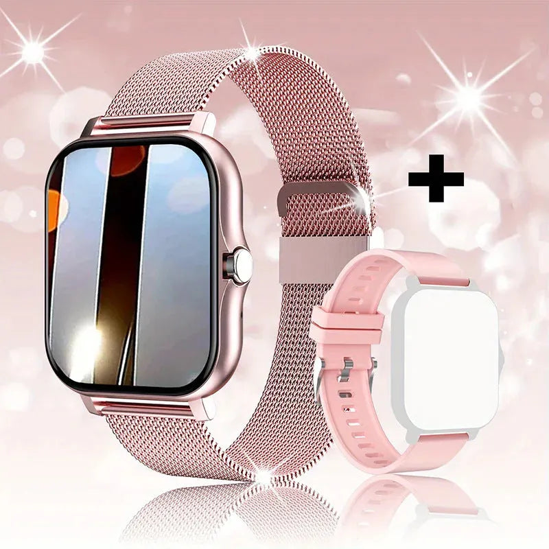 A smartwatch with a 1.44-inch screen showing a fitness stat interface, on a silicone strap.