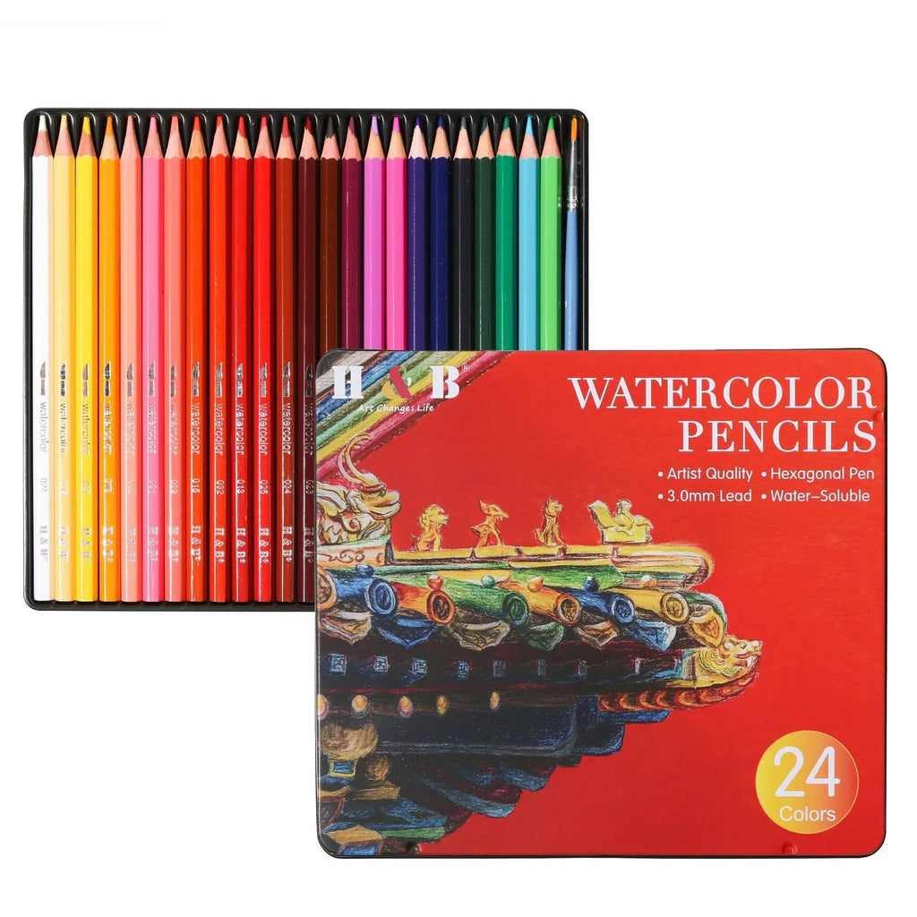Water-soluble coloured pencil set with 24 colours in a protective iron art box